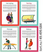 Hair styling tanning and massage posters with text sample vector. Solarium for changing skin color, hairdresser and man masseur with client, make up. Hair Styling Tanning and Massage Posters Vector. Стоковая иллюстрация, агентство Ingram Publishing / Фотобанк Лори
