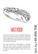Fast food hot dog meal poster with text. Bun with sausage and vegetables cabbage leaves monochrome sketch outline takeaway grey draft meal vector. Fast Food Hot Dog Meal Poster Vector Illustration. Стоковая иллюстрация, агентство Ingram Publishing / Фотобанк Лори