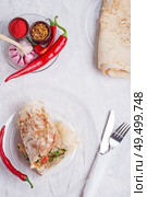 international vegetarian  shawarma sandwich roll with chili and spices. served at white table. arabian and caucaisian cuisine. Healthy fast food. flat lay. Стоковое фото, агентство Ingram Publishing / Фотобанк Лори