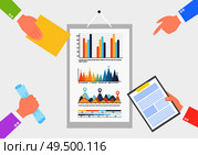Infochart business statistics information and data vector. Businessman hands pointing at flowcharts, holding documents and clipboard with pages plan. Infochart Business Statistics Information Data. Стоковая иллюстрация, агентство Ingram Publishing / Фотобанк Лори