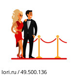 Famous celebrities couple on red carpet. Woman in dress near man wearing tuxedo, actress and actor, singer or superstar vector illustration isolated.. Famous Celebrities Couple on Red Carpet Isolated. Стоковая иллюстрация, агентство Ingram Publishing / Фотобанк Лори