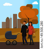 Autumn park and married couple walking with baby carriage. Mother next to father pushing pram, fall leaves on tree, skyscrapers vector illustration.. Autumn Park and Couple Walking with Baby Carriage. Стоковая иллюстрация, агентство Ingram Publishing / Фотобанк Лори