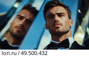 Elegant man in tuxedo poses confidently against mirrored surfaces at a vibrant outdoor event. Стоковое AI-изображение, AI-художник Сергей Толмачёв / Фотобанк Лори