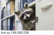 A raccoon with distinctive facial markings is partially hidden, peeking out from a cabinet door, with its inquisitive eyes looking around the room. Стоковое AI-изображение, AI-художник Данила Большаков / Фотобанк Лори