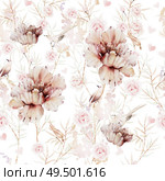 Watercolor seamless pattern with beautiful flowers of peony, roses, leaves.Illustration. Watercolor seamless pattern with beautiful flowers of peony, roses, leaves. Стоковое фото, агентство Ingram Publishing / Фотобанк Лори