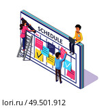 Schedule planning, working people creating of timetable vector. Ladder and person on it, checkmarks and lists on memos, stickers and sticky notes. Schedule Planning, People Creating of Timetable. Стоковая иллюстрация, агентство Ingram Publishing / Фотобанк Лори