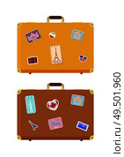 Luggage journey time to travel isolated icons vector. Baggage with stickers of Eiffel tower, Taj Mahal and Roman Colosseum. Berlin and Germany sights. Luggage Journey Time to Travel Icons Set Vector. Стоковая иллюстрация, агентство Ingram Publishing / Фотобанк Лори