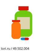 Containers food supplement for people training in gyms. Isolated icons set of plastic bottles pilule, capsule containing vitamins, weight loss vector. Containers Food Supplement Vector Illustration. Стоковая иллюстрация, агентство Ingram Publishing / Фотобанк Лори