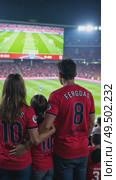 A portrait of a family at a fan zone, parents and children all wearing matching jerseys, their faces lit by the glow of a giant screen showing a sport game. Стоковое AI-видео, аниматор Sergey Grishin / Фотобанк Лори
