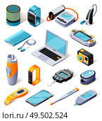 Portable electronics isometric icons  illustrated digital gadgets used in daily life in field of sports medicine work and leisure isolated vector illustration. Стоковая иллюстрация, агентство Ingram Publishing / Фотобанк Лори