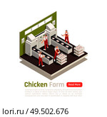 Poultry farm industrial production facility with chicken meat on automated conveyor belt packaging system isometric vector illustration. Стоковая иллюстрация, агентство Ingram Publishing / Фотобанк Лори