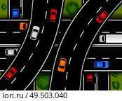 Road junction top view composition with outdoor scenery and motorway drive with flyovers and colourful cars vector illustration. Стоковая иллюстрация, агентство Ingram Publishing / Фотобанк Лори