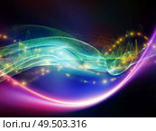 Color Oscillation. Optical Flow series. Backdrop of  color lines and lights isolated on black background to complement designs on the subject of technology, design and education. Стоковое фото, агентство Ingram Publishing / Фотобанк Лори