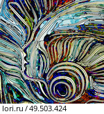 Unity of Fragmented World series. Arrangement of stained glass pattern of color fragments and human face on the subject of ultimate unity of existence. Стоковое фото, агентство Ingram Publishing / Фотобанк Лори