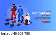 Pest control house hygiene disinfection service isometric website banner with professional team exterminating insects background vector illustration. Стоковая иллюстрация, агентство Ingram Publishing / Фотобанк Лори