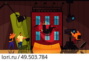 Cinema motion movie filming process cartoon composition with shooting stunt performer falling from building roof vector illustration. Стоковая иллюстрация, агентство Ingram Publishing / Фотобанк Лори