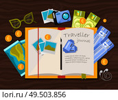 Traveler journal composition with tourist notebook with coins tickets and personal things on wooden surface background vector illustration. Стоковая иллюстрация, агентство Ingram Publishing / Фотобанк Лори