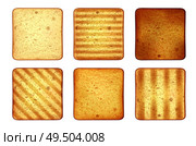 Set of square roasted toasts bread realistic images with different patterns and toppings on blank background vector illustration. Стоковая иллюстрация, агентство Ingram Publishing / Фотобанк Лори
