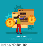 ICO initial currency offering crypto funding collaboration symbols with bitcoin tokens blockchain operations flat background vector illustration . Стоковая иллюстрация, агентство Ingram Publishing / Фотобанк Лори