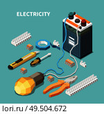 Electricity isometric composition with images of electric equipment and tools with accumulator battery connected to lamp vector illustration. Стоковая иллюстрация, агентство Ingram Publishing / Фотобанк Лори