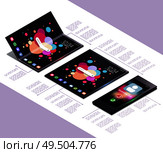 Foldable gadgets concept isometric mockup composition with next generation electronic touch screen smartphone models with text vector illustration. Стоковая иллюстрация, агентство Ingram Publishing / Фотобанк Лори