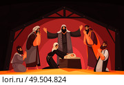 Bible narratives christmas composition with characters of wise men of east praying people and holy mother vector illustration. Стоковая иллюстрация, агентство Ingram Publishing / Фотобанк Лори