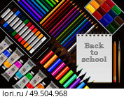 Back to school realistic background with colorful pencils markers crayons paints notepad brush on wooden table vector illustration. Стоковая иллюстрация, агентство Ingram Publishing / Фотобанк Лори