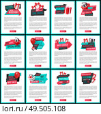 Mega discount, exclusive product on sale banners set vector. Presents in shopping basket, inflatable balloon bought on special shop offer proposition. Mega Discount, Exclusive Product Sale Banners Set. Стоковая иллюстрация, агентство Ingram Publishing / Фотобанк Лори