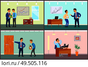 Boss talking to personnel staff, fired worker walking with boxes and stuff vector. Charts and diagrams on whiteboard, company leader with employee. Boss Talking to Personnel Staff, Fired Worker. Стоковая иллюстрация, агентство Ingram Publishing / Фотобанк Лори