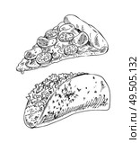 Appetizing cheese pizza and taco with meat and vegetable filling. Fast food or takeaway monochrome illustration set for advertising or snack bar menu.. Cheesy Pizza and Fill Taco Take Away Food Icon Set. Стоковая иллюстрация, агентство Ingram Publishing / Фотобанк Лори