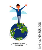 International business worldwide communication and networking with partners around world. Chief executive happy standing on globe vector. Smiling boss. International Business Worldwide Communication. Стоковая иллюстрация, агентство Ingram Publishing / Фотобанк Лори