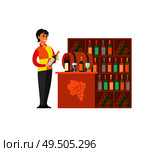 Sommelier bartender with wine glass bottles storing in cupboard vector. Woman working consultant of alcoholic drinks. Wine store professional worker. Sommelier Bartender with Wine Bottles Set Vector. Стоковая иллюстрация, агентство Ingram Publishing / Фотобанк Лори