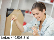 housewife mounts wooden furniture at home. Стоковое фото, агентство Ingram Publishing / Фотобанк Лори