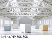 Minimalist industrial loft interior with skylights and geometric cubes. Стоковое AI-изображение, AI-художник Мария Фадеева / Фотобанк Лори