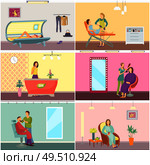 Spa salon tanning procedure reception set vector. Hair styling of men and women, barber trimming beard. Tan gaining in solarium sun parlor depilation. Spa Salon Tanning Procedure Reception Set Vector. Стоковая иллюстрация, агентство Ingram Publishing / Фотобанк Лори