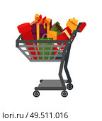 Shopping cart full of presents gift boxes, color packages with bows. Trolley with Christmas gifts, packed surprises for New Year holidays vector isolated. Shopping Cart Presents Gift Boxes, Color Packages. Стоковая иллюстрация, агентство Ingram Publishing / Фотобанк Лори