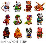 Funny animal in the Chinese zodiac, Rat, ox, tiger, rabbit, dragon, snake, horse, sheep, monkey, rooster, dog, pig. Chinese calendar, 3d vector icon set. Стоковая иллюстрация, агентство Ingram Publishing / Фотобанк Лори
