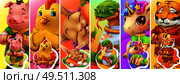 Funny animals. Pig, chicken, rabbit, snake, unicorn, tiger. 3d vector background. Стоковая иллюстрация, агентство Ingram Publishing / Фотобанк Лори