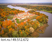 Autumn aerial view of Medieval castle in Nesvizh. Colorful maple park in Niasvizh ancient town. Minsk Region, Belarus. Стоковое фото, агентство Ingram Publishing / Фотобанк Лори