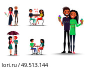 Beloved men and girls with ice cream, red rose, bouquet of pink tulips, gift decorated ribbon with bow and many little hearts vector illustration.. Beloved Men and Girls with Ice Cream, Rose, Gift. Стоковая иллюстрация, агентство Ingram Publishing / Фотобанк Лори