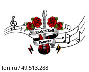 Rock n roll forever, electric guitar with roses and banner with text vector. Notation, music sheet with notes and sounds. Lightning string instrument. Rock n Roll Forever, Electric Guitar with Roses. Стоковая иллюстрация, агентство Ingram Publishing / Фотобанк Лори