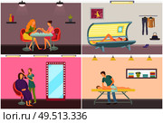 Spa salon manicure nails polishing. Hair styling visagiste makeup of lady sitting in chair. Beauty procedures relaxing massage and tanning in solarium. Spa Salon Manicure Nails Polishing Style Visagiste. Стоковая иллюстрация, агентство Ingram Publishing / Фотобанк Лори