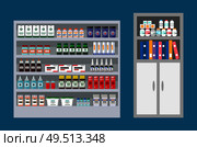 Veterinary clinic with drugs, pills and bottles vector. Isolated medicine refrigerator with curing vitamins additional nutrients, medicine healthcare. Veterinary Clinic with Pills, Drugs and Bottles. Стоковая иллюстрация, агентство Ingram Publishing / Фотобанк Лори