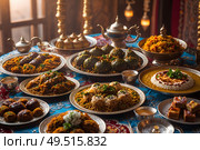 Festive table for the Muslim holiday of Eid al-Adha. Стоковое AI-изображение, AI-художник Александр Поташев / Фотобанк Лори