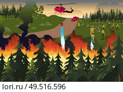 A vector illustration of firefighters trying to put out fires in the forest. Стоковая иллюстрация, агентство Ingram Publishing / Фотобанк Лори