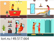 Spa salon reception and visage visagiste applying cosmetics on clients face vector. Tanning and hair styling hairdressers procedures, hairstyle change. Spa Salon Reception and Visage Visagiste Vector. Стоковая иллюстрация, агентство Ingram Publishing / Фотобанк Лори