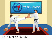 A vector illustration of people practicing taekwondo in a dojo. Стоковая иллюстрация, агентство Ingram Publishing / Фотобанк Лори