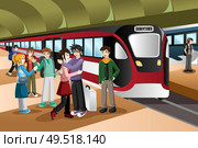 A vector illustration of  kids saying farewell  in front of departing train at station. Стоковая иллюстрация, агентство Ingram Publishing / Фотобанк Лори