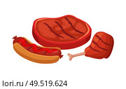 BBQ roasted beefsteak and chicken wing. Hot dog fast food with bun sausage and ketchup sauce on top. Picnic braai barbeque isolated icons set vector. BBQ Beefsteak and Chicken Vector Illustration. Стоковая иллюстрация, агентство Ingram Publishing / Фотобанк Лори