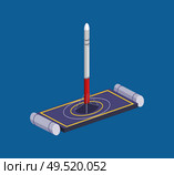 Falcon rocket on sailing platform vector illustration isolated on blue. Autonomous spacecraft on sailboat, satellite on cargo ship, spaceport sign. Falcon Rocket Sailing Platform Vector Illustration. Стоковая иллюстрация, агентство Ingram Publishing / Фотобанк Лори